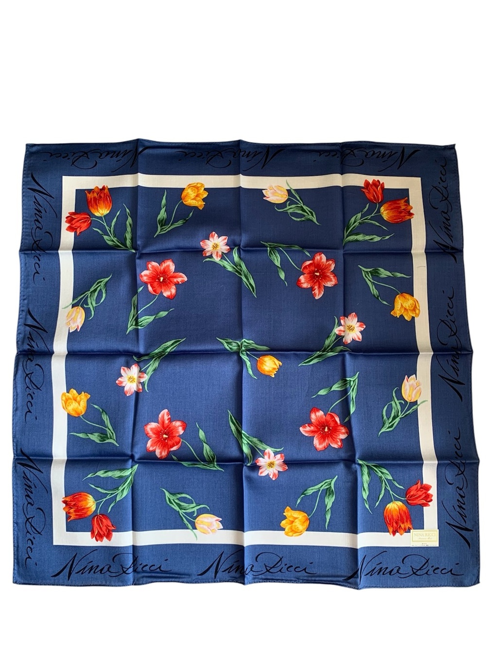 NWT Nina Ricci 100% Cotton Floral Handkerchief Blue Tulip Made in Japan New Tag